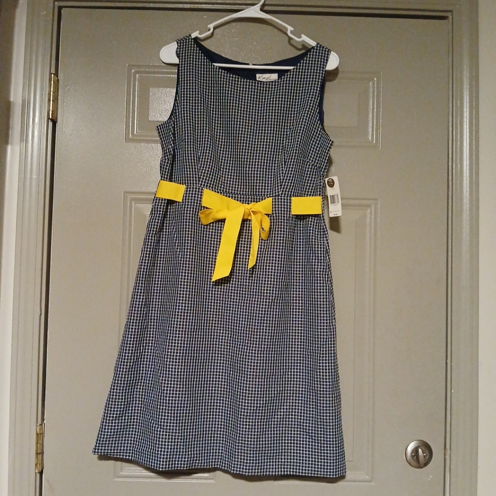 Kim Rogers Blue Sleeveless Dress Yellow Tie Bow Womens Size 12